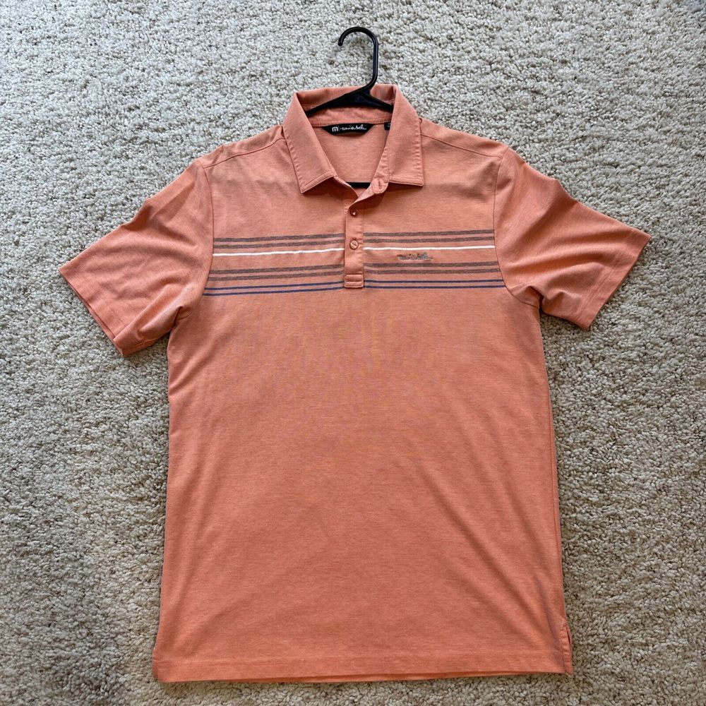 Travis Mathew Men's Coral Orange Striped Polo